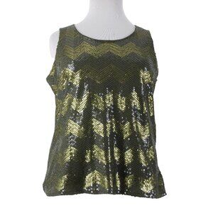Coldwater Creek Top $75 Sz 1x Green Olive Sequin Chevron Poly Cotton Top